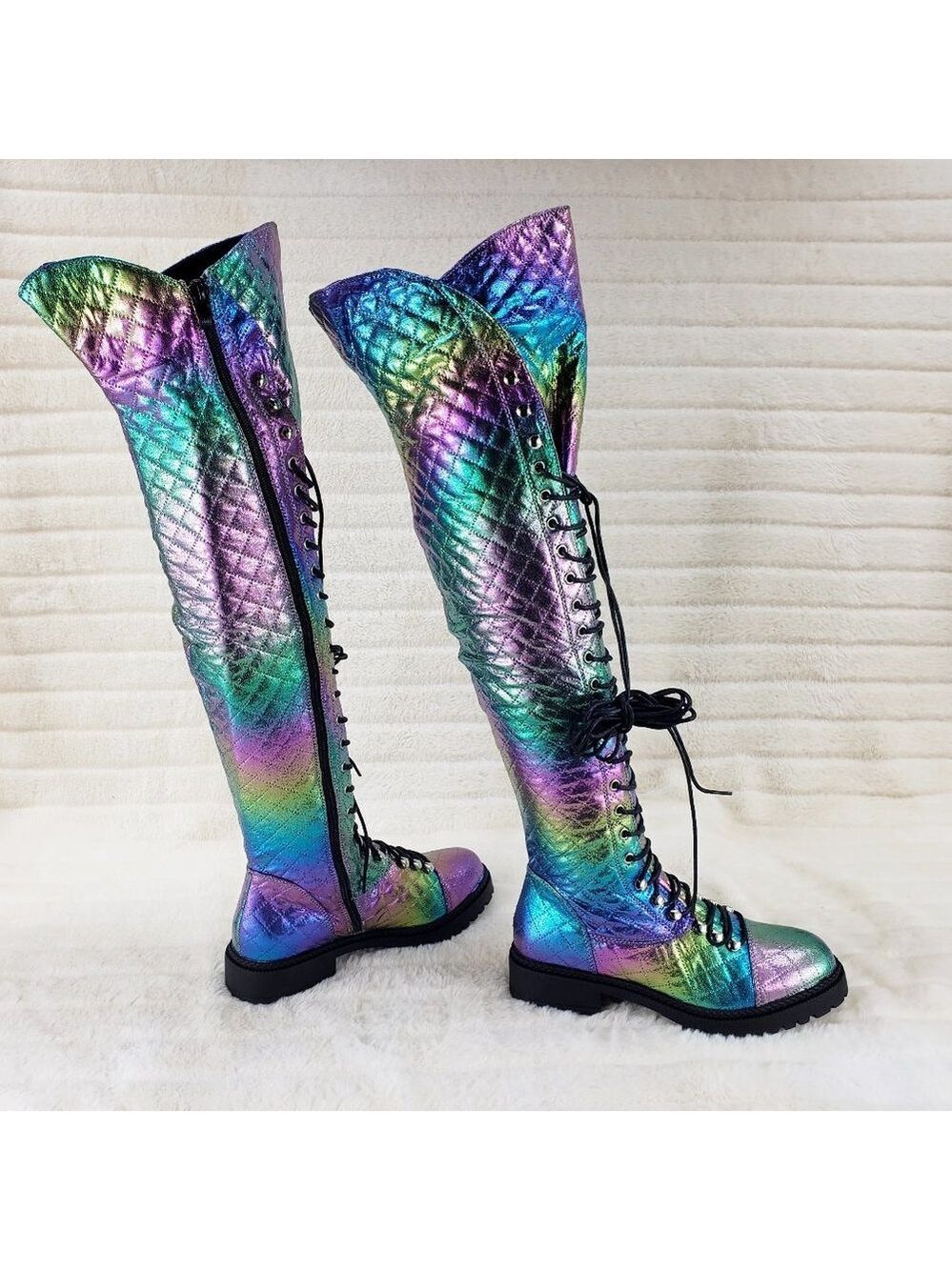 Travis Festive Quilted Metallic Rainbow Corset Lace Over the Knee Boots - Picture 2 of 11